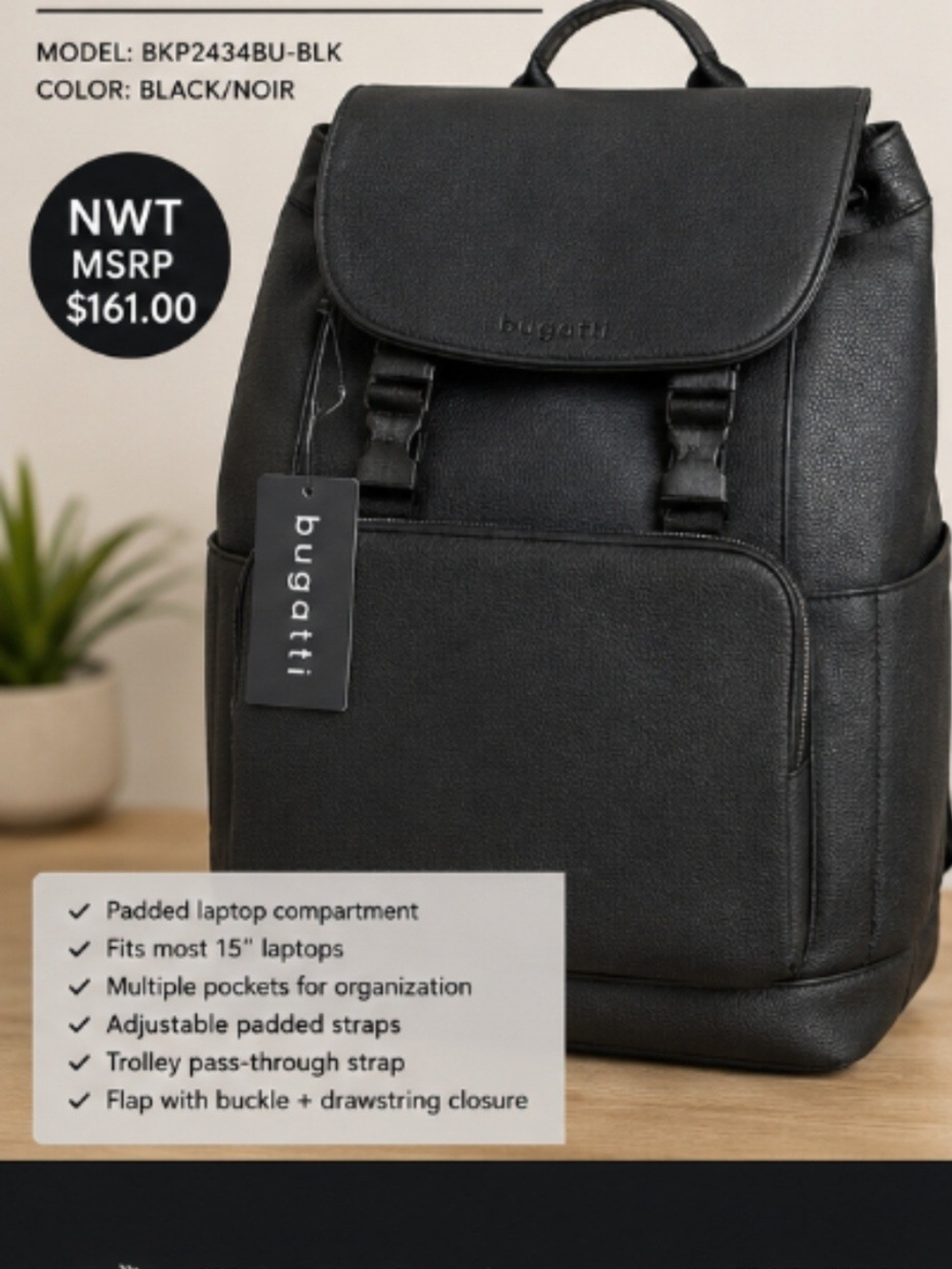 Bugatti Black Men's Tech Backpack with Front Pocket